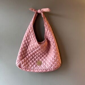 Nanette Lepore Pink Quilted Satin Hobo Shoulder Bag Bow Detail Gold Logo 4054884